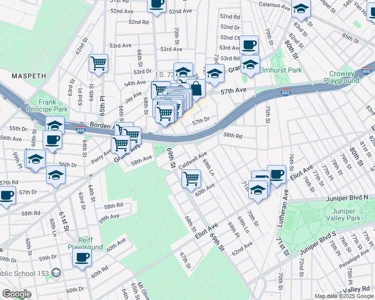 map of restaurants, bars, coffee shops, grocery stores, and more near 58-09 69th Place in Queens