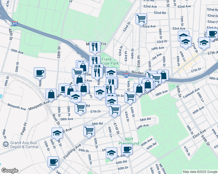 map of restaurants, bars, coffee shops, grocery stores, and more near 60-36 56th Avenue in Queens