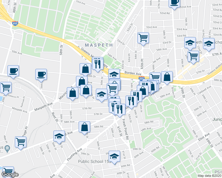 map of restaurants, bars, coffee shops, grocery stores, and more near 60-36 56th Avenue in Queens