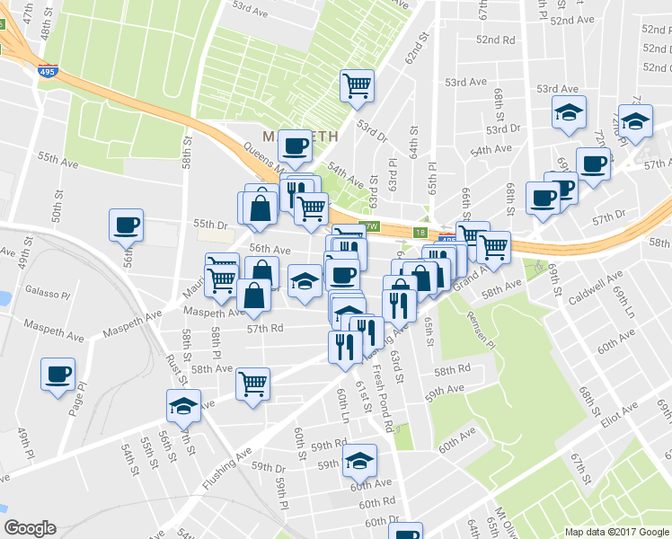 map of restaurants, bars, coffee shops, grocery stores, and more near 60-36 56th Avenue in Queens