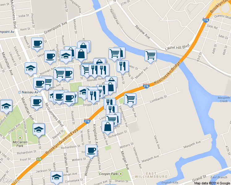 map of restaurants, bars, coffee shops, grocery stores, and more near 23A Apollo Street in Brooklyn