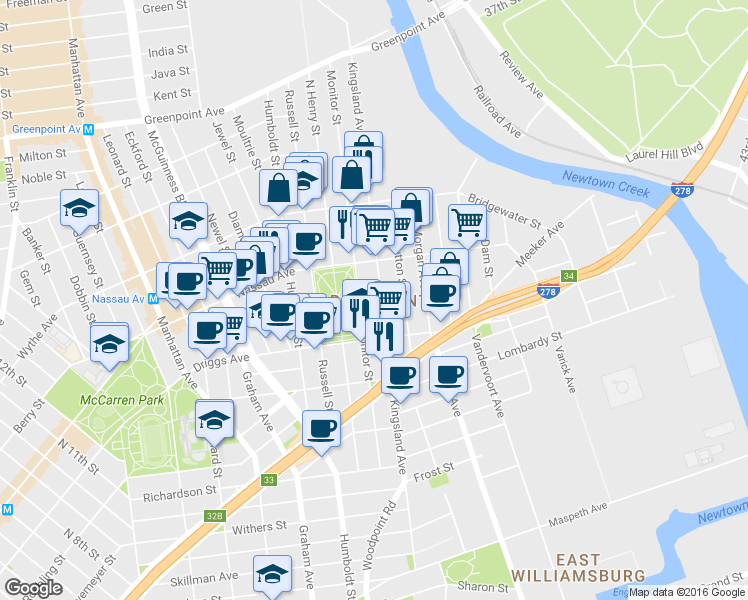 map of restaurants, bars, coffee shops, grocery stores, and more near in Brooklyn
