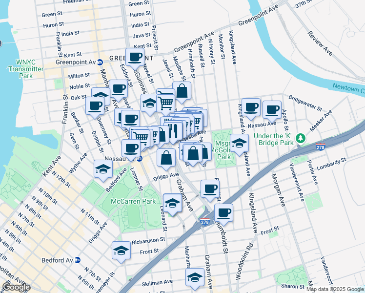 map of restaurants, bars, coffee shops, grocery stores, and more near 147 Nassau Avenue in Brooklyn