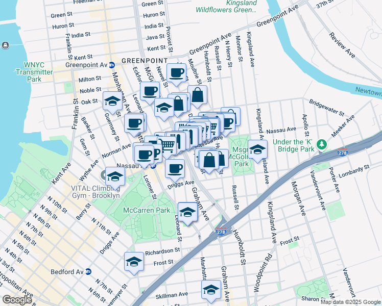 map of restaurants, bars, coffee shops, grocery stores, and more near 147 Nassau Avenue in Brooklyn