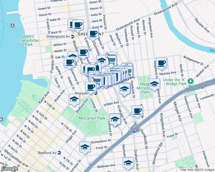 map of restaurants, bars, coffee shops, grocery stores, and more near 115 A Nassau Avenue in Brooklyn