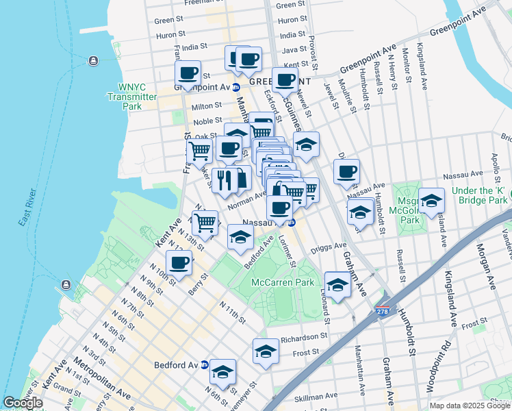 map of restaurants, bars, coffee shops, grocery stores, and more near 62 Norman Avenue in Brooklyn