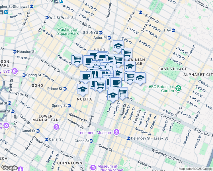 map of restaurants, bars, coffee shops, grocery stores, and more near 305 Bowery in New York