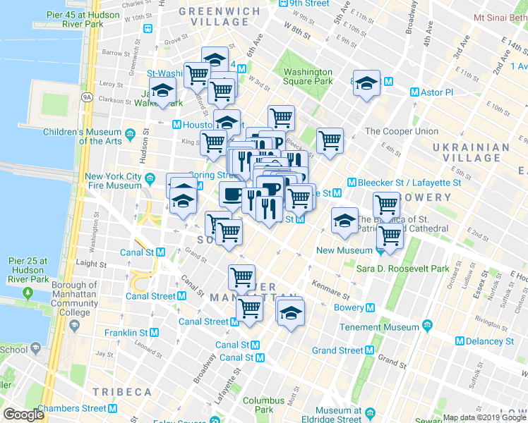 map of restaurants, bars, coffee shops, grocery stores, and more near 110 Prince Street in New York