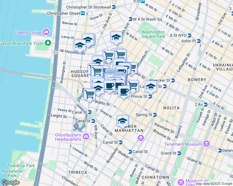 map of restaurants, bars, coffee shops, grocery stores, and more near 416 West Broadway in New York