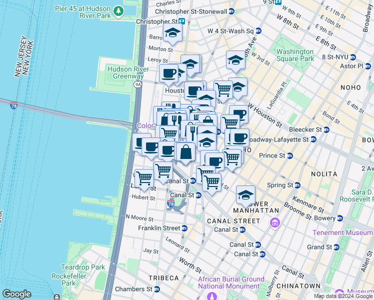 map of restaurants, bars, coffee shops, grocery stores, and more near 38 Dominick Street in New York