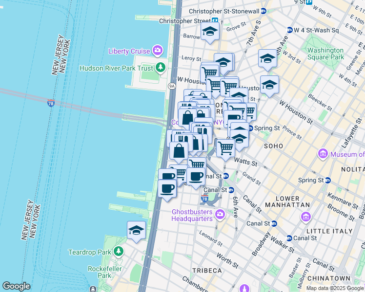 map of restaurants, bars, coffee shops, grocery stores, and more near 471 Washington Street in New York