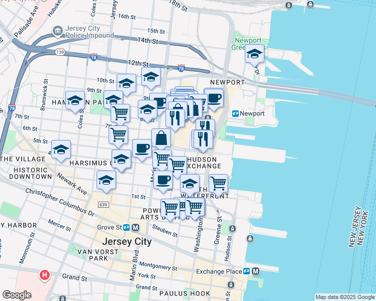 map of restaurants, bars, coffee shops, grocery stores, and more near 10 Mall Drive East in Jersey City