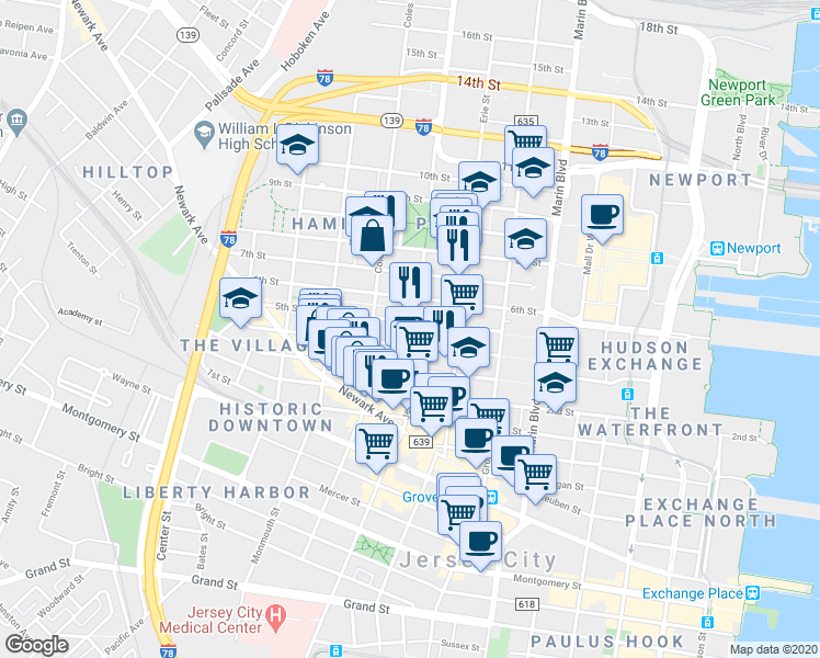 map of restaurants, bars, coffee shops, grocery stores, and more near 272 5th Street in Jersey City