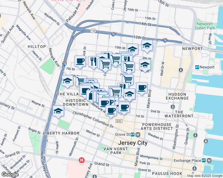 map of restaurants, bars, coffee shops, grocery stores, and more near 272 5th Street in Jersey City