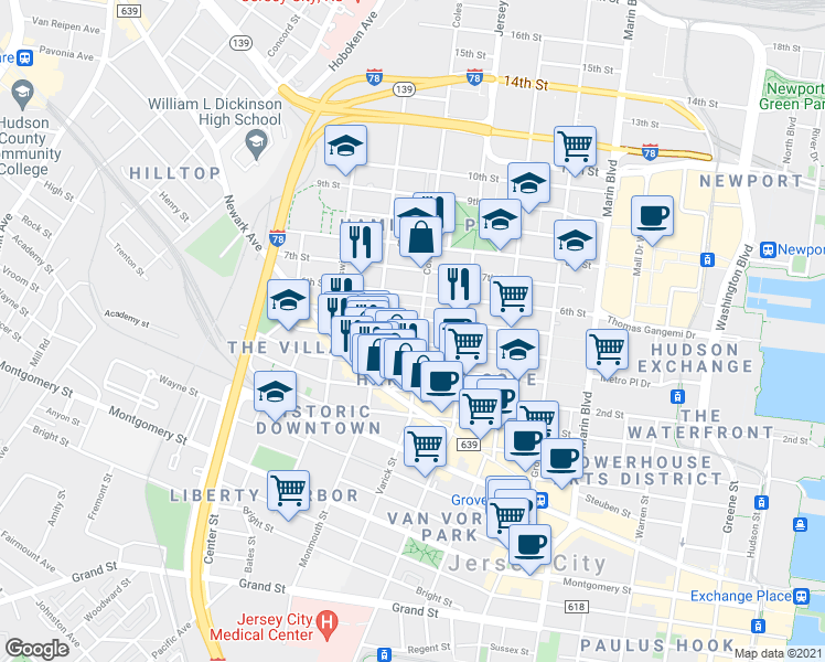 map of restaurants, bars, coffee shops, grocery stores, and more near 87 Coles Street in Jersey City