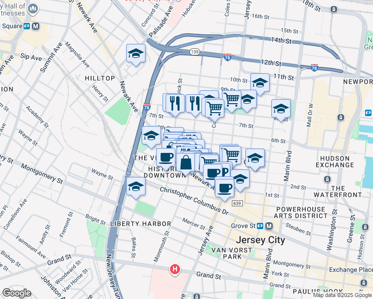 map of restaurants, bars, coffee shops, grocery stores, and more near 437 Monmouth Street in Jersey City