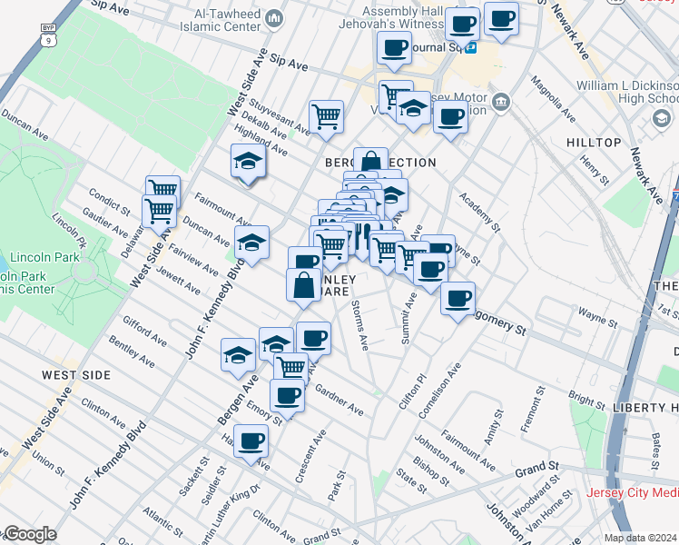 map of restaurants, bars, coffee shops, grocery stores, and more near 740A Bergen Avenue in Jersey City