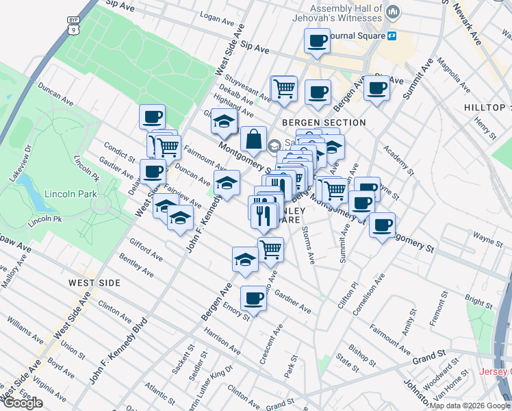 map of restaurants, bars, coffee shops, grocery stores, and more near 28 Duncan Avenue in Jersey City