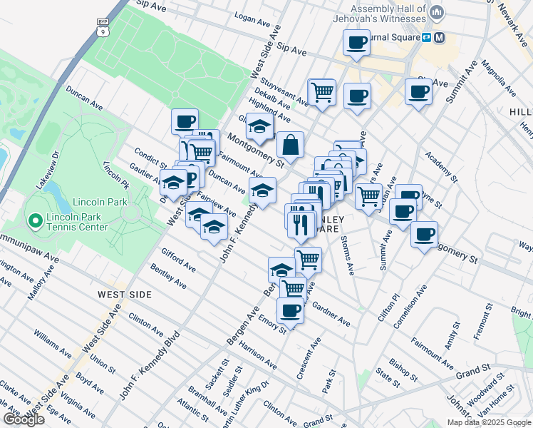 map of restaurants, bars, coffee shops, grocery stores, and more near 61 Duncan Avenue in Jersey City