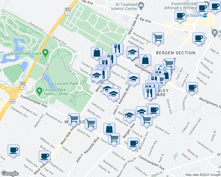 map of restaurants, bars, coffee shops, grocery stores, and more near 185 Fairview Avenue in Jersey City