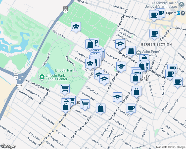 map of restaurants, bars, coffee shops, grocery stores, and more near 720 West Side Avenue in Jersey City