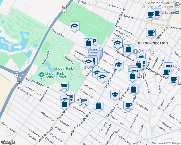 map of restaurants, bars, coffee shops, grocery stores, and more near 720 West Side Avenue in Jersey City