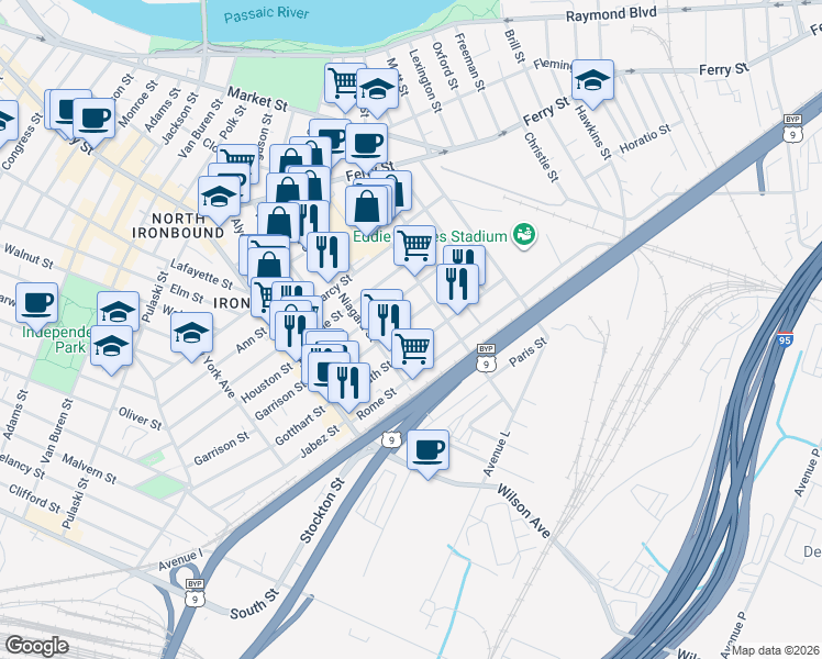 map of restaurants, bars, coffee shops, grocery stores, and more near 133 Magazine Street in Newark