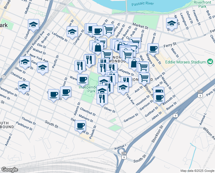 map of restaurants, bars, coffee shops, grocery stores, and more near 257 New York Avenue in Newark