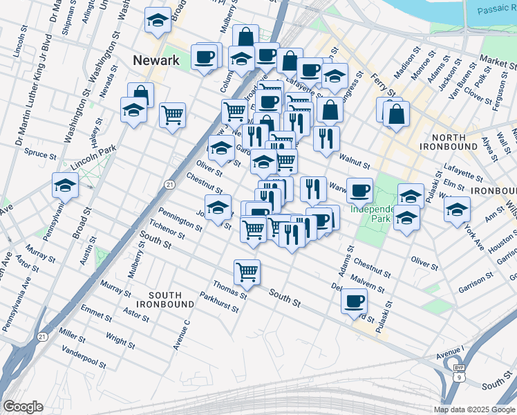 map of restaurants, bars, coffee shops, grocery stores, and more near in Newark