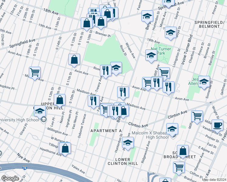 map of restaurants, bars, coffee shops, grocery stores, and more near 14 Seymour Avenue in Newark