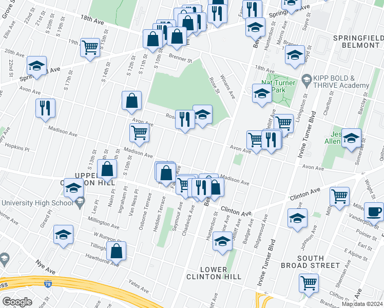 map of restaurants, bars, coffee shops, grocery stores, and more near 15 Farley Avenue in Newark