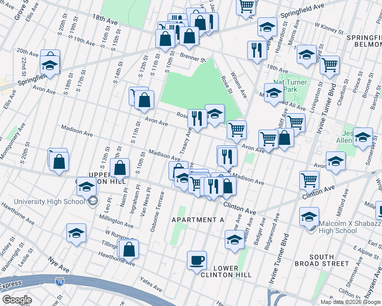 map of restaurants, bars, coffee shops, grocery stores, and more near 15 Farley Avenue in Newark