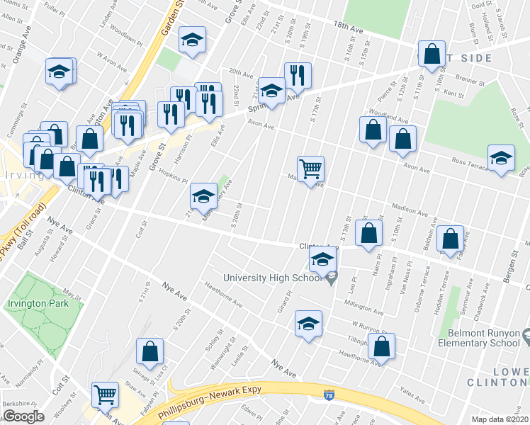 map of restaurants, bars, coffee shops, grocery stores, and more near 905 South 19th Street in Newark
