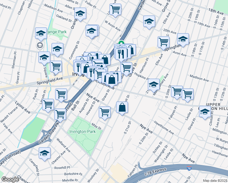 map of restaurants, bars, coffee shops, grocery stores, and more near 1018 Clinton Avenue in Irvington