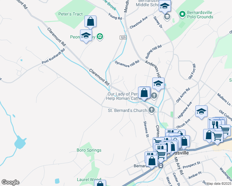 map of restaurants, bars, coffee shops, grocery stores, and more near 159 Claremont Road in Bernardsville