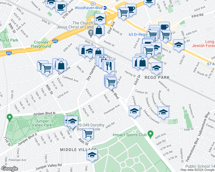 map of restaurants, bars, coffee shops, grocery stores, and more near 62-60 Woodhaven Boulevard in Queens