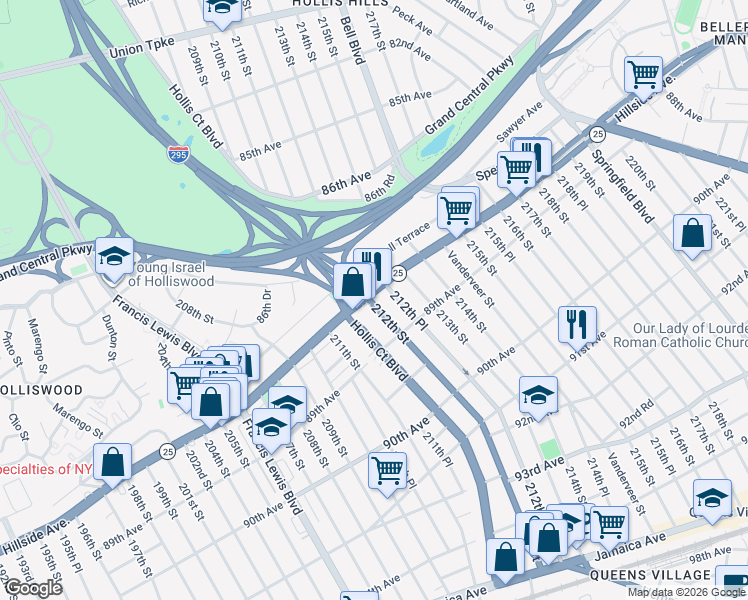 map of restaurants, bars, coffee shops, grocery stores, and more near 88-02 212th Place in Queens