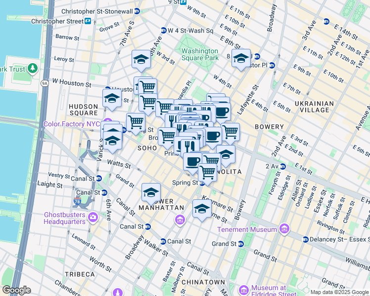 map of restaurants, bars, coffee shops, grocery stores, and more near Mercer Street & Prince Street in New York