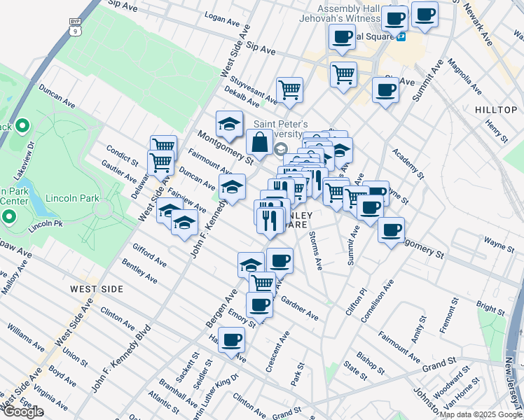 map of restaurants, bars, coffee shops, grocery stores, and more near 28 Duncan Avenue in Jersey City