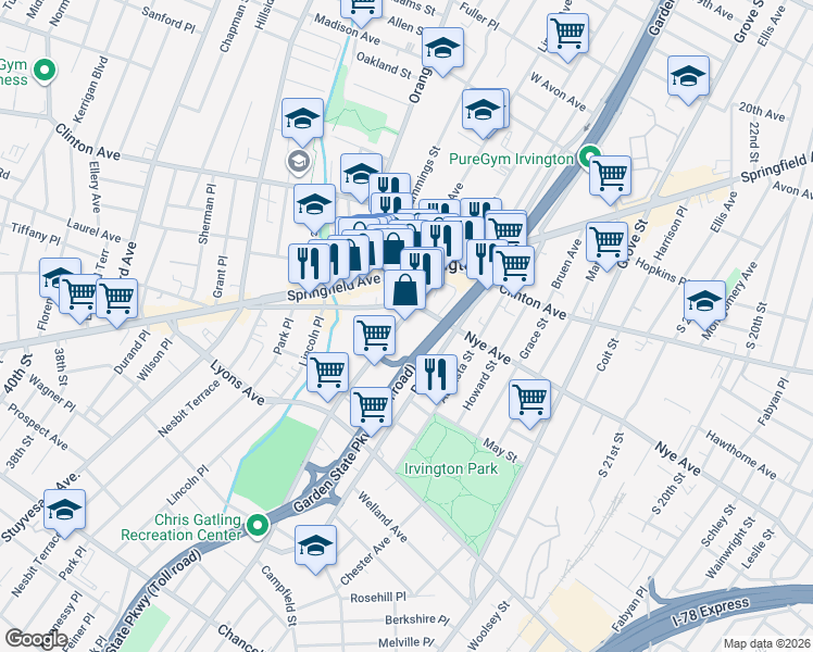 map of restaurants, bars, coffee shops, grocery stores, and more near 50 Union Avenue in Irvington