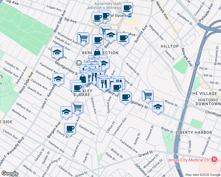 map of restaurants, bars, coffee shops, grocery stores, and more near 678 Montgomery Street in Jersey City