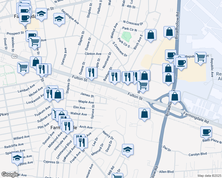 map of restaurants, bars, coffee shops, grocery stores, and more near 1042 Fulton Street in Farmingdale