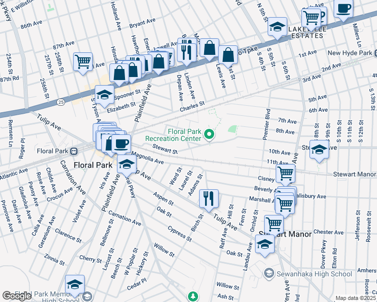 map of restaurants, bars, coffee shops, grocery stores, and more near 106 Stewart Street in Floral Park