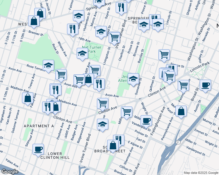 map of restaurants, bars, coffee shops, grocery stores, and more near 241 Irvine Turner Boulevard in Newark
