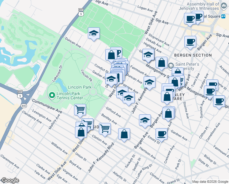 map of restaurants, bars, coffee shops, grocery stores, and more near 720 West Side Avenue in Jersey City