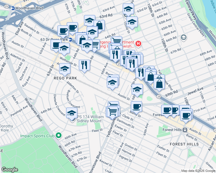 map of restaurants, bars, coffee shops, grocery stores, and more near 98-27 67th Avenue in Queens