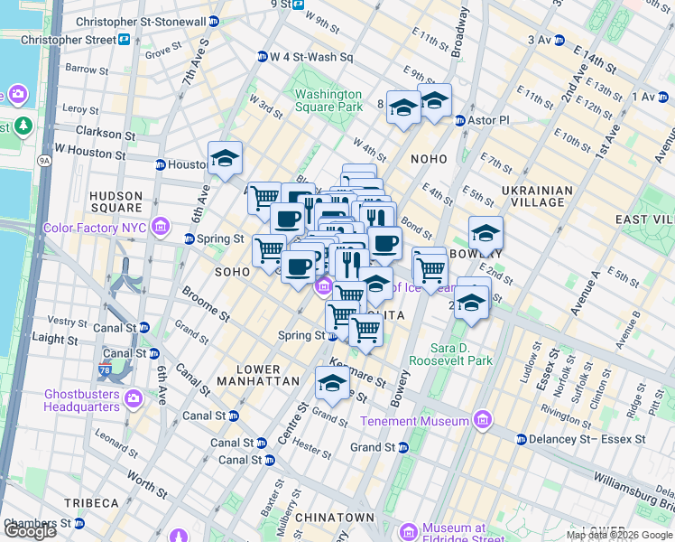 map of restaurants, bars, coffee shops, grocery stores, and more near 286 Lafayette Street in New York