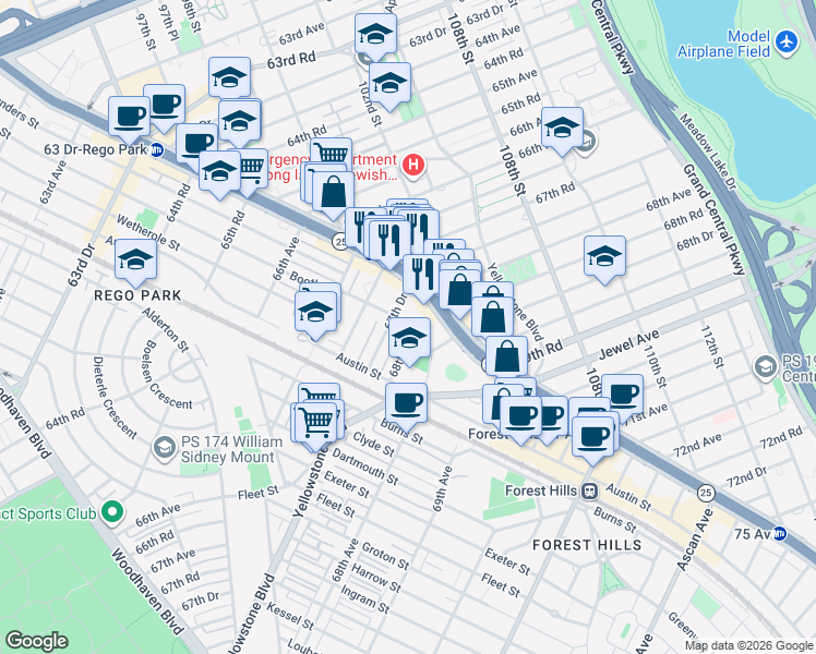 map of restaurants, bars, coffee shops, grocery stores, and more near 67-50 Booth Street in Queens