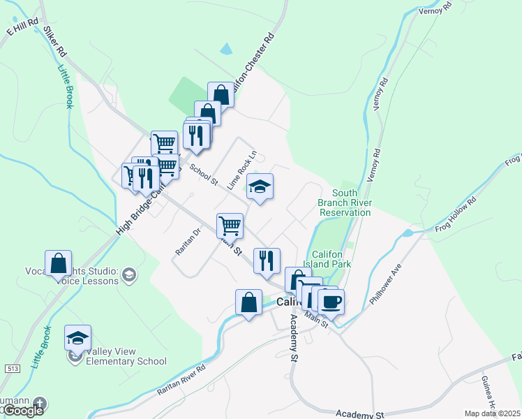 map of restaurants, bars, coffee shops, grocery stores, and more near 6 School Street in Califon