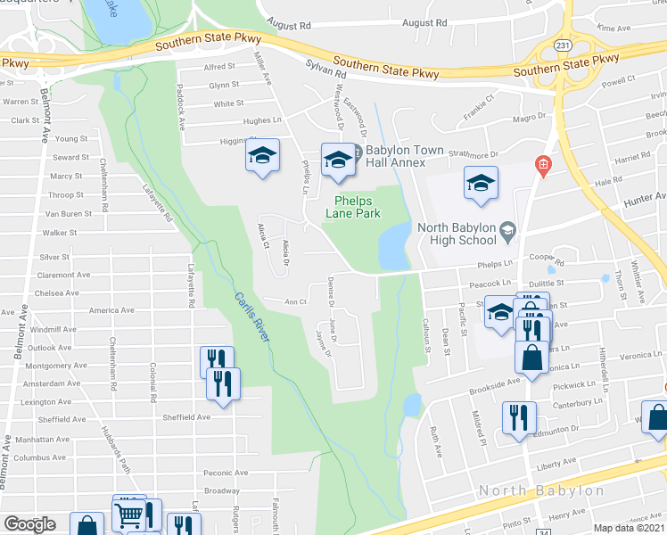 map of restaurants, bars, coffee shops, grocery stores, and more near 174 Phelps Lane in North Babylon